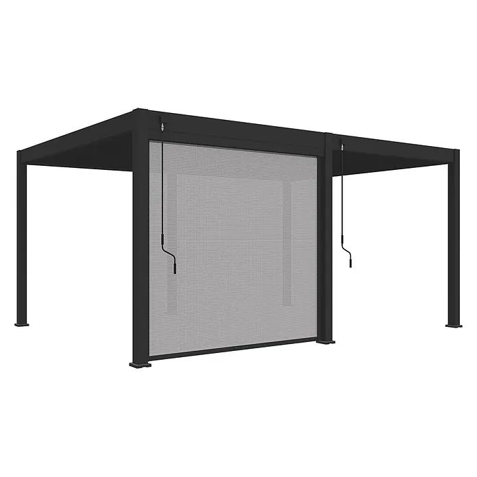 Weide Pergola Sonnenrollo Anthrazit - B x T: 370 x 4 cm, Metall - Schwarze Pergola mit einziehbarer grauer Gaze-Seitenwand, bedienbar mit zwei Handkurbeln.