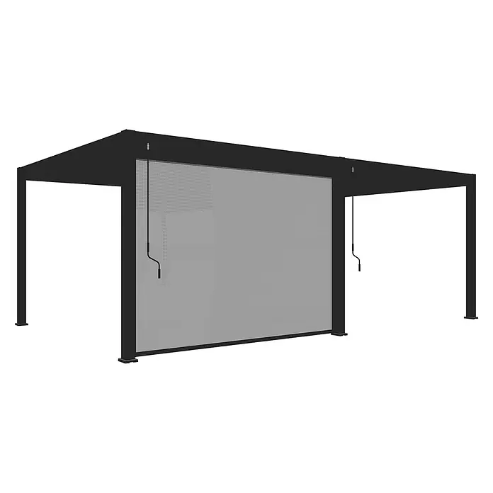Weide Pergola Sonnenrollo Anthrazit - B x T: 370 x 4 cm, Metall - Dunkelgraue Outdoor-Pergola mit ausfahrbarem grauen Netzrollo und Zugseilen.