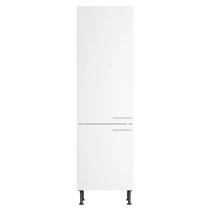 Optifit Optikomfort Küchen-Hochschrank Bengt932 - B x T x H: 60 x 58,3 x 211,8 cm, Weiß - Weißer Kühl-Gefrier-Schrank mit silbernen Griffen und dunklen Füßen.