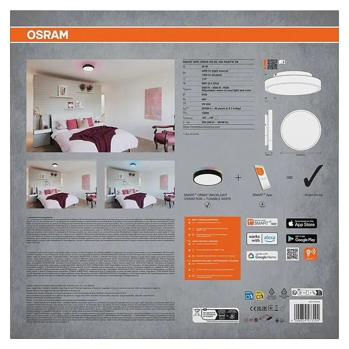 Ledvance LED-Deckenleuchte rund - 28 W, Ø x H: 35 x 9 cm, Schwarz, RGBW - Runde, schwarze OSRAM SMART+ ORBIS 350mm Deckenleuchte mit RGB- und Tunable-White-Funktionen, integrierbar in Smart-Home-Systeme.