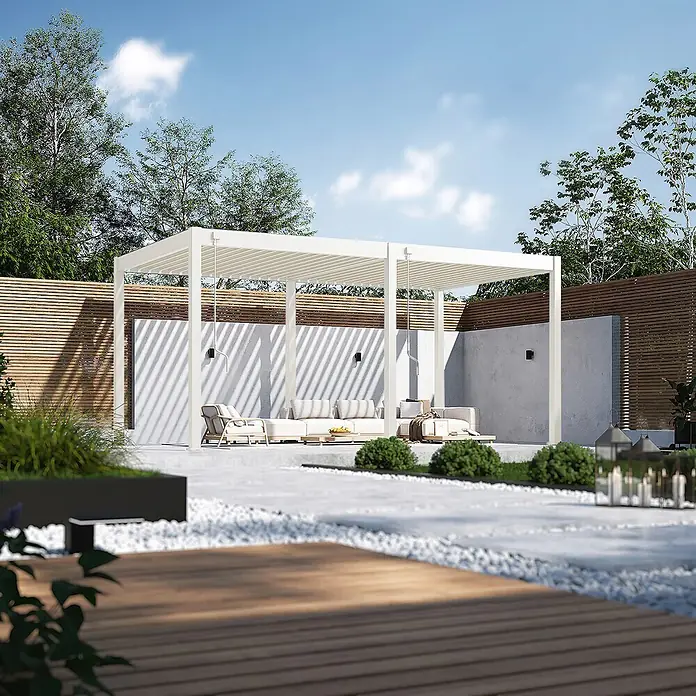 Weide Pergola Classic 3 x 5,3 M Weiß - Farbe Gestell: Weiß, Aluminium - Weiße Aluminium-Pergola spendet Schatten über modernen Gartenmöbeln in einem Garten.