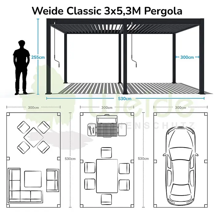 Weide Pergola Classic 3 x 5,3 M Ivory Sand - B x T: 530 x 300 cm, Farbe Gestell: Sand, Aluminium - Dunkelgraue Metallpergola (3x5,3m) mit verstellbaren Lamellen, dargestellt mit Skala und Layout-Beispielen für den Außenbereich.