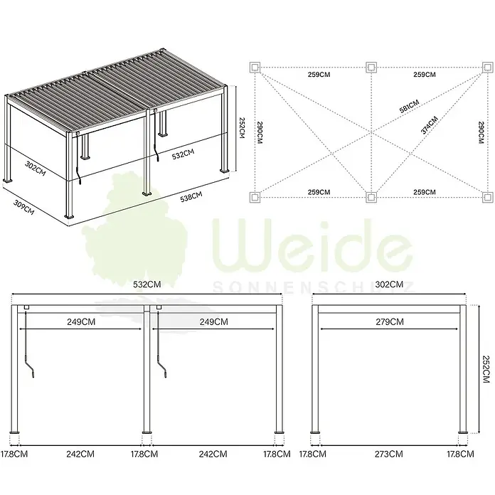 Weide Pergola Classic 3 x 5,3 M Ivory Sand - B x T: 530 x 300 cm, Farbe Gestell: Sand, Aluminium - Metallpergola mit verstellbarem Lamellendach, dargestellt mit detaillierten Maßen für den Außenbereich.