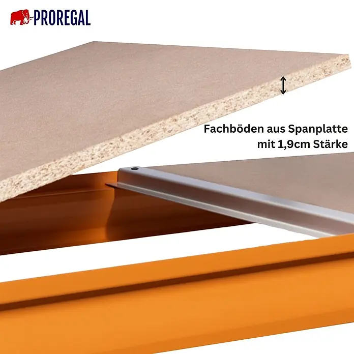 PROREGAL Industrie Weitspannregal Lagerregal MAXIMUS PRO Grundregal HxBxT 200x150x80cm 3 Ebenen, Spanplatten-Fachboden, Fachlast 850 kg Blau/Orange -  - 1,9 cm starke Spanplatten-Fachboden, gezeigt mit einem Metallregalrahmen.