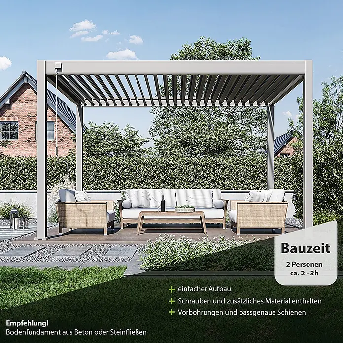 Weide Pergola Classic 3 x 4 M Ivory Sand - B x T: 400 x 300 cm, Farbe Gestell: Sand, Aluminium - Graue Pergola mit Lamellendach, die eine gemütliche Lounge-Garnitur im Garten beschattet.