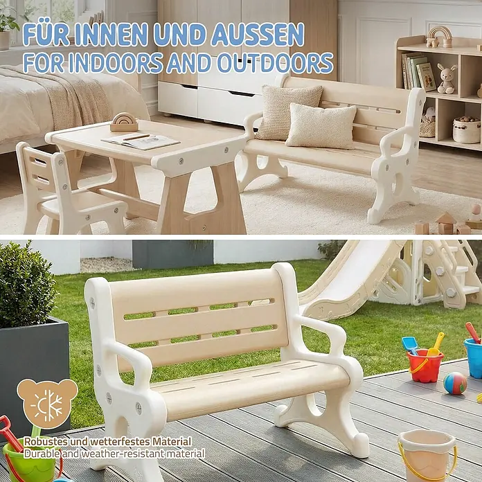 ECD Germany Kinder-Gartenstuhl - 1 Stk., HDPE, Kunststoff, Braun, Weiß - Kindertisch und Bank-Set aus hellem Holz und weißem Kunststoff, drinnen und draußen nutzbar. Robust und wetterfest.