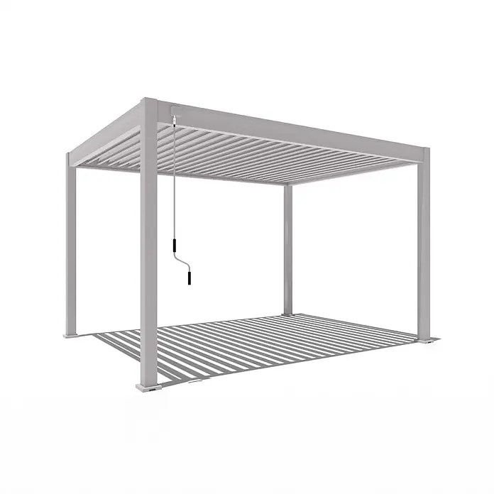 Weide Pergola Classic 3 x 4 M Ivory Sand - B x T: 400 x 300 cm, Farbe Gestell: Sand, Aluminium - Hellgraue Aluminium-Pergola mit verstellbarem Lamellendach und Handkurbel zur Bedienung, die gestreifte Schatten wirft.