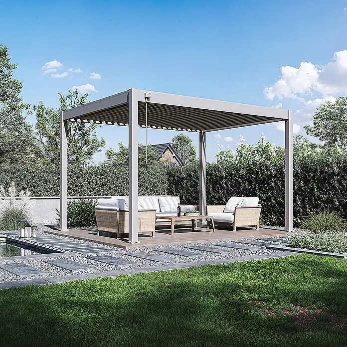 Weide Pergola Classic 3 x 4 M Ivory Sand - Farbe Gestell: Sand, Aluminium - Graue Aluminium-Pergola mit verstellbarem Lamellendach über Outdoor-Lounge-Möbeln im Garten.