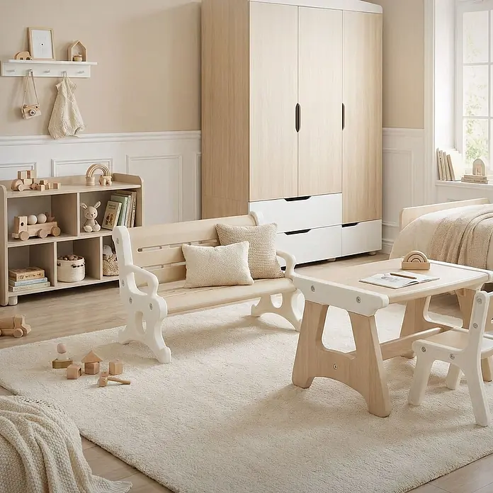 ECD Germany Kinder-Gartenstuhl - 1 Stk., HDPE, Kunststoff, Braun, Weiß - Heller Holz- und weißer Kinderspieltisch mit zwei Stühlen und passender Bank.