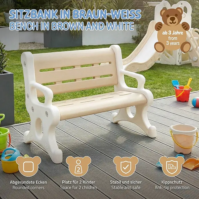ECD Germany Kinder-Gartenstuhl - 1 Stk., HDPE, Kunststoff, Braun, Weiß - Braun-weiße Kinderbank auf einer Holzterrasse im Garten, mit abgerundeten Ecken und Kippschutz für sicheres Spielen.