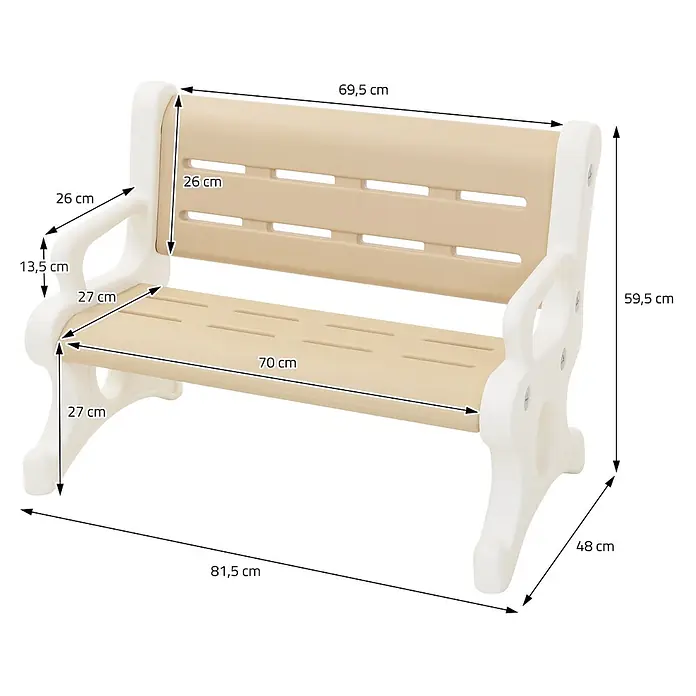 ECD Germany Kinder-Gartenstuhl - 1 Stk., HDPE, Kunststoff, Braun, Weiß - Beige-cremefarbene Kunststoff-Kinderbank mit vollständigen Maßen.