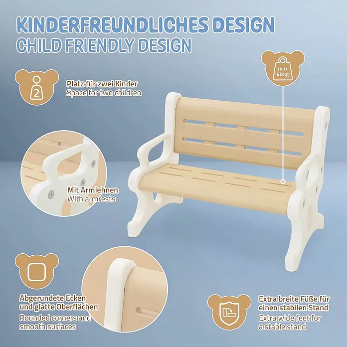 ECD Germany Kinder-Gartenstuhl - 1 Stk., HDPE, Kunststoff, Braun, Weiß - Kinderfreundliche Bank aus beigem und weißem Kunststoff mit Armlehnen, abgerundeten Ecken und breiten Füßen für Stabilität.