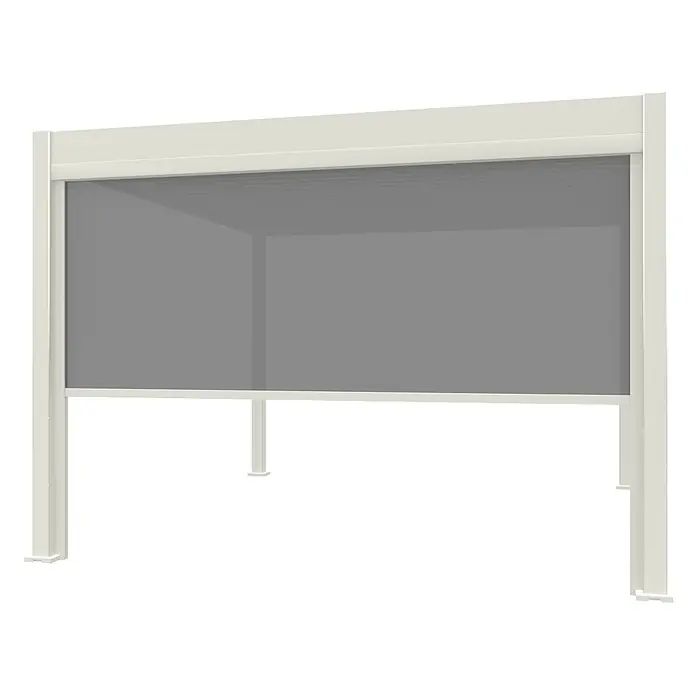 Weide Pergola Sonnenrollo Weiß - Metall - Ein ausziehbarer grauer Mesh-Sichtschutz mit hellem Rahmen für Schatten oder Privatsphäre im Freien.