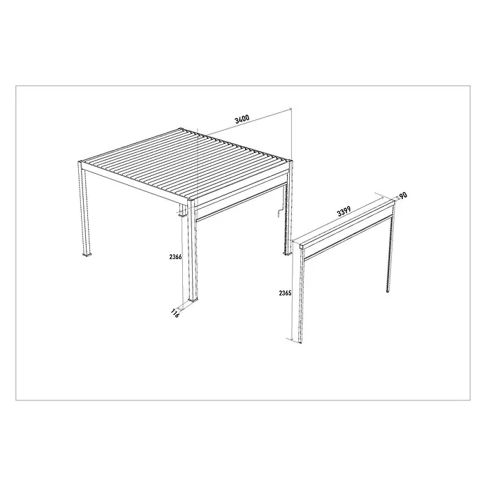 Weide Pergola Sonnenrollo Weiß - Metall - Technische Zeichnung einer Metall-Pergola mit Lamellendach, mit Maßen für eine Outdoor-Beschattungslösung.