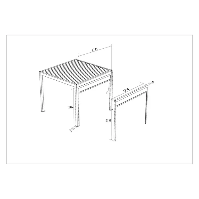 Weide Pergola Sonnenrollo Anthrazit - B x T: 279 x 4 cm, Metall - Technische Zeichnung einer modernen Pergola-Struktur mit Lamellendach und Erweiterung, inklusive detaillierter Maße.