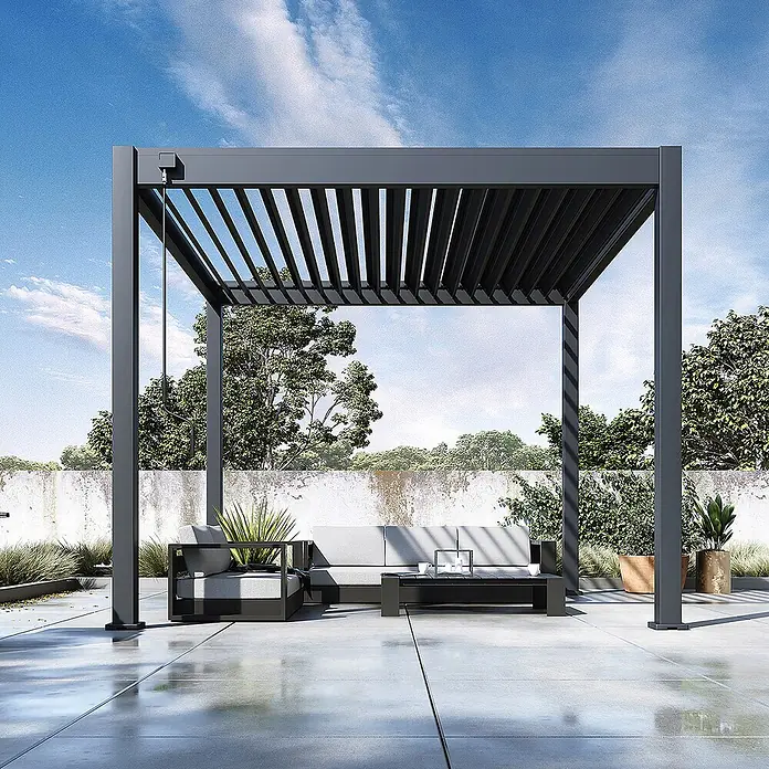 Weide Pergola Classic 3 x 3 M Anthrazit - Farbe Gestell: Anthrazit, Aluminium - Dunkelgraue Pergola mit verstellbarem Lamellendach, die Schatten für einen Sitzbereich im Freien spendet.
