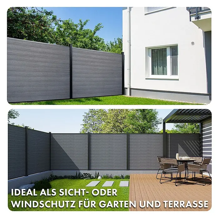 Floordirekt Sichtschutzelement Kronos - B x H: 180 x 180 cm, Verbundwerkstoff, Ash Grey - Grauer WPC-Sichtschutzzaun mit Holzoptik und dunklen Pfosten, ideal für Garten und Terrasse als Sicht- oder Windschutz.