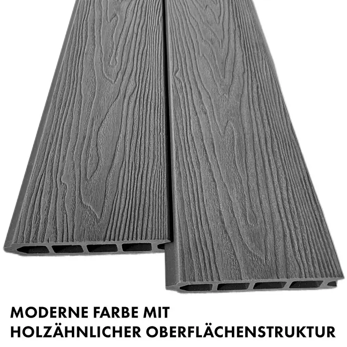 Floordirekt Sichtschutzelement Kronos - B x H: 180 x 180 cm, Verbundwerkstoff, Ash Grey - Zwei graue WPC-Terrassendielen mit holzähnlicher Oberflächenstruktur, die das Hohlkammerprofil zeigen.