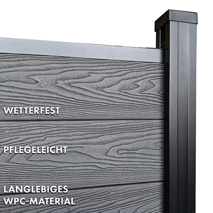 Floordirekt Sichtschutzelement Kronos - B x H: 180 x 180 cm, Verbundwerkstoff, Ash Grey - Graues WPC-Sichtschutzelement mit Holzstruktur und schwarzem Metallpfosten. Wetterfest, pflegeleicht, langlebig.