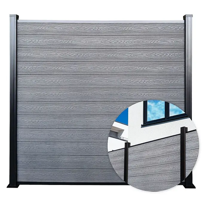 Floordirekt Sichtschutzelement Kronos - B x H: 180 x 180 cm, Verbundwerkstoff, Ash Grey - Graues WPC-Sichtschutzelement in Holzoptik, gerahmt von dunklen Pfosten und Leisten.