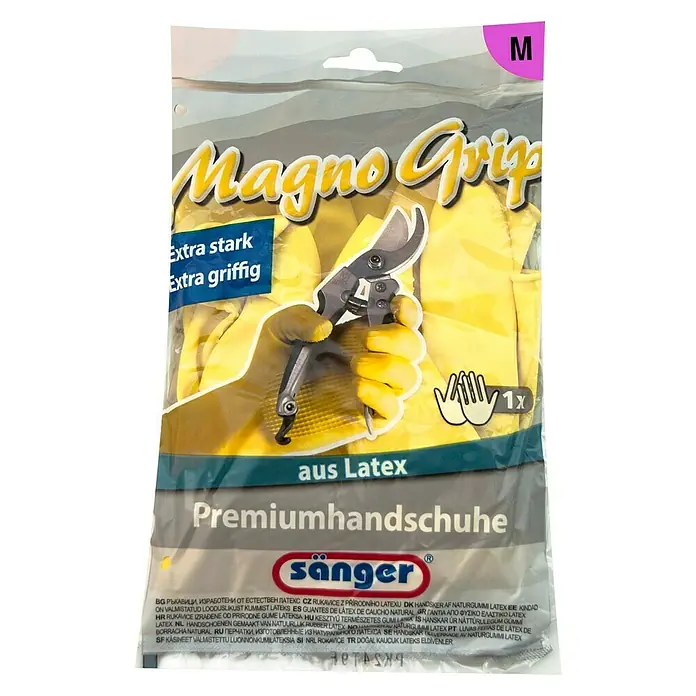 Sänger Haushaltshandschuhe Magno Grip - M, Gelb, Latex - Gelbe Latexhandschuhe "Magno Grip" Größe M, ideal für Gartenarbeit, mit verstärktem Griff für sicheren Halt.