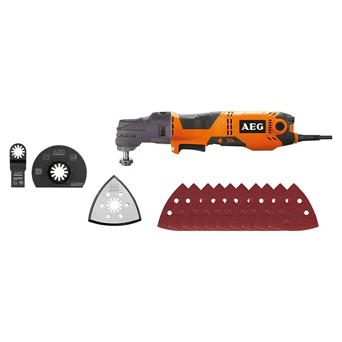 AEG Powertools Elektro-Multifunktionswerkzeug OMNI 300 - 300 W, Sonstige - AEG Multitool mit verschiedenen Aufsätzen für Säge- und Schleifarbeiten, ideal für vielseitige Heimwerkerprojekte.
