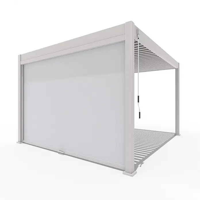 Weide Pergola Sonnenrollo Seitenwand für Weide Pergola einstellbar Sand 2,65 Meter - B x T: 234 x 6 cm, Metall - Weiße Aluminium-Pergola mit verstellbaren Dachlamellen und heruntergelassenem Seitenrollo, mit Kurbel bedienbar.