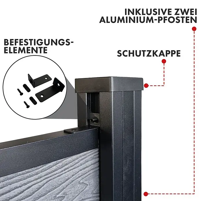 Floordirekt Sichtschutzelement Kronos - B x H: 180 x 180 cm, Verbundwerkstoff, Ash Grey - Schwarzer Aluminium-Zaunpfosten mit Kappe, Befestigungselementen und grauer Holzoptik-Platte.