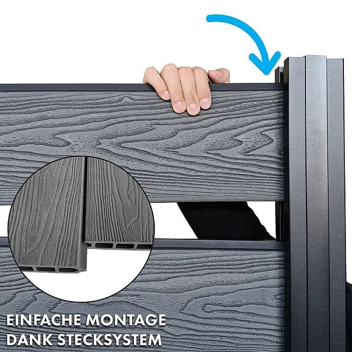 Floordirekt Sichtschutzelement Kronos - B x H: 180 x 180 cm, Verbundwerkstoff, Ash Grey - Graues Zaunelement in Holzoptik wird montiert, zeigt einfaches Stecksystem.