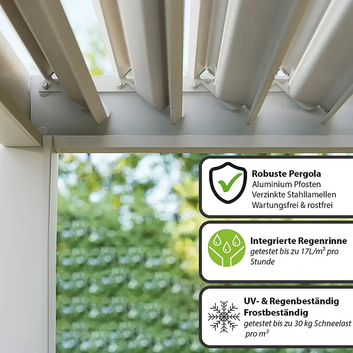 Weide Pergola Classic 3 x 3 M Ivory Sand - B x T: 300 x 300 cm, Farbe Gestell: Sand, Aluminium - Hellbeiges Pergoladach mit verstellbaren Stahllamellen für Sonnen- und Wetterschutz.