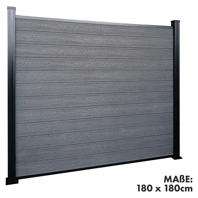 Floordirekt Sichtschutzelement Kronos - B x H: 180 x 180 cm, Verbundwerkstoff, Ash Grey - Moderner grauer Sichtschutzzaun mit Holzmaserung und schwarzen Pfosten, 180x180cm.