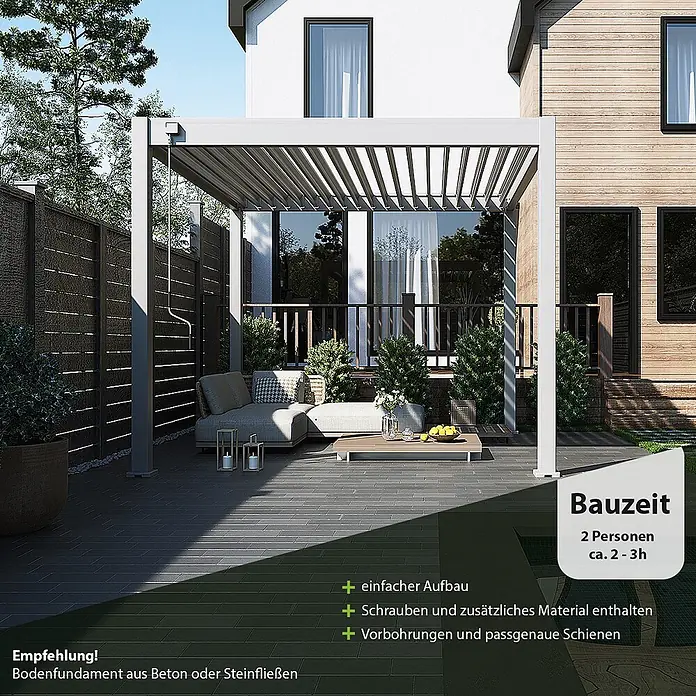 Weide Pergola Classic 3 x 3 M Ivory Sand - B x T: 300 x 300 cm, Farbe Gestell: Sand, Aluminium - Weiße Metallpergola mit verstellbarem Lamellendach, überdacht einen Außenbereich auf einer Terrasse neben einem modernen Haus.