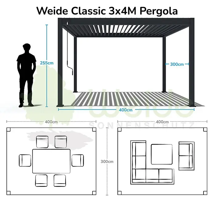 Weide Pergola Classic 3 x 4 M Anthrazit - B x T: 400 x 300 cm, Farbe Gestell: Anthrazit, Aluminium - Dunkelgraue Weide Classic 3x4M Pergola mit Maßen (400x300cm Basis, 255cm Höhe) und zwei Möbelbeispiel-Layouts.