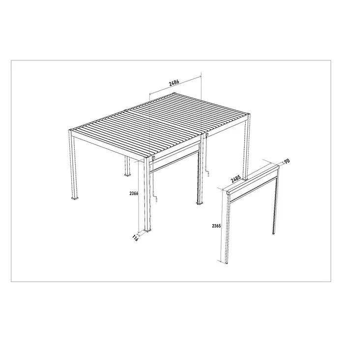 Weide Pergola Sonnenrollo Anthrazit - B x T: 248 x 4 cm, Metall - Technische Zeichnung einer modernen Pergola mit verstellbarem Lamellendach, mit Maßen.