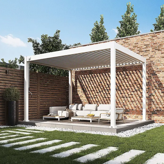 Weide Pergola Classic 3 x 4 M Weiß - Farbe Gestell: Weiß, Aluminium - Weiße Metallpergola über einem Sitzbereich im Garten.