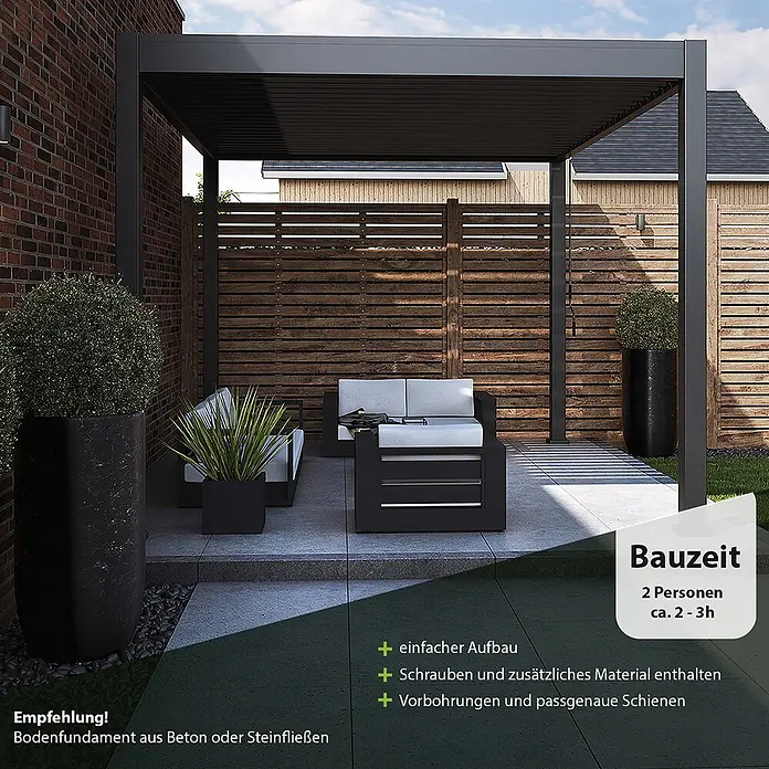 Weide Pergola Classic 3 x 3,6 M Anthrazit - B x T: 360 x 300 cm, Farbe Gestell: Anthrazit, Aluminium - Dunkelgraue Pergola spendet Schatten auf einer modernen Terrasse mit Gartenmöbeln.