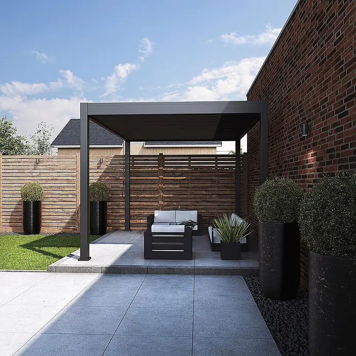 Weide Pergola Classic 3 x 3,6 M Anthrazit - B x T: 360 x 300 cm, Farbe Gestell: Anthrazit, Aluminium - Eine moderne dunkelgraue Metallpergola spendet Schatten über einer Terrasse mit Sitzgelegenheiten.