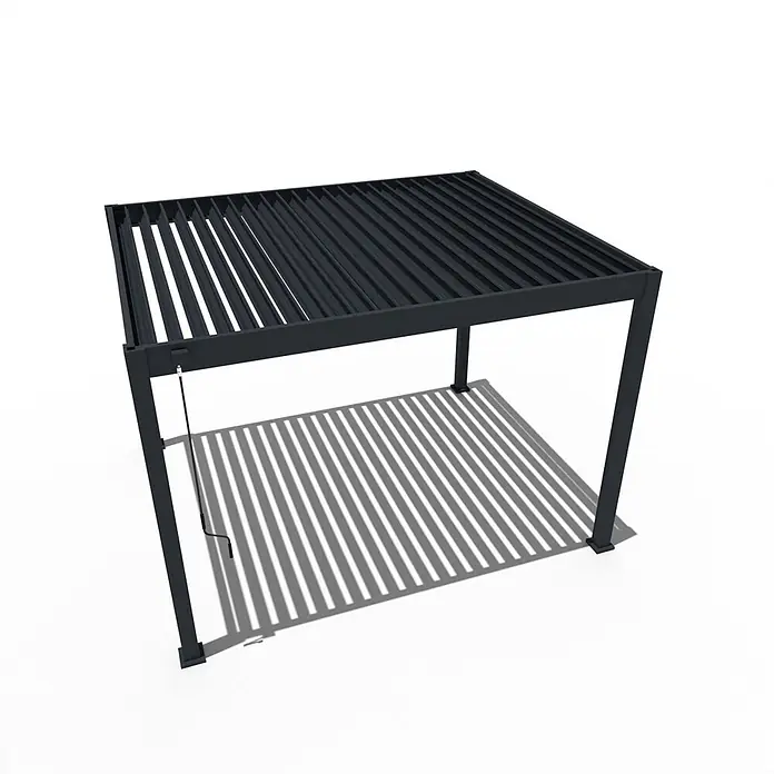 Weide Pergola Classic 3 x 3,6 M Anthrazit - B x T: 360 x 300 cm, Farbe Gestell: Anthrazit, Aluminium - Dunkelgraue Metall-Pergola mit verstellbarem Lamellendach, wirft gestreifte Schatten.