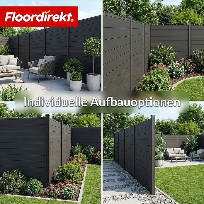 Floordirekt Sichtschutzelement Ponza - B x H: 180 x 180 cm, Verbundwerkstoff, Schwarz - Dunkelgrauer WPC-Sichtschutzzaun in verschiedenen Gartenkonfigurationen, bietet Sichtschutz und Designoptionen.