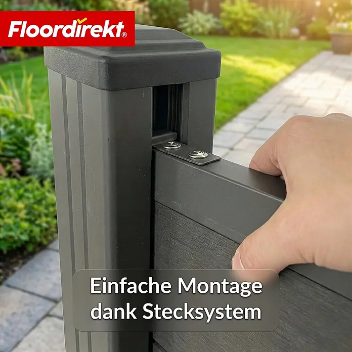 Floordirekt Sichtschutzelement Ponza - B x H: 180 x 180 cm, Verbundwerkstoff, Schwarz - Dunkelgrauer Zaunpfosten und -feld mit sichtbarem Stecksystem, das von einer Hand montiert wird.