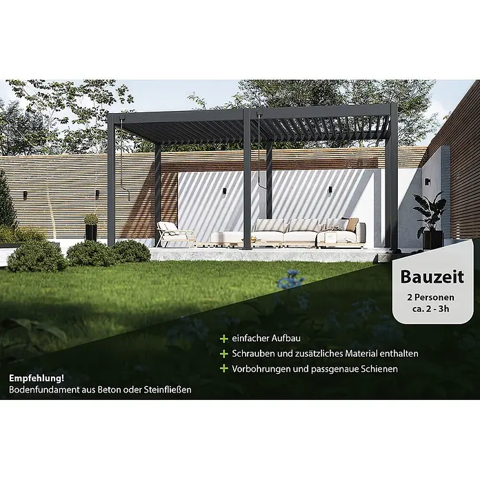 Weide Pergola Classic 3 x 5,3 M Anthrazit - B x T: 530 x 300 cm, Farbe Gestell: Graphitgrau, Aluminium - Moderne dunkelgraue Pergola über einem Sitzbereich im Freien in einem zeitgenössischen Garten.