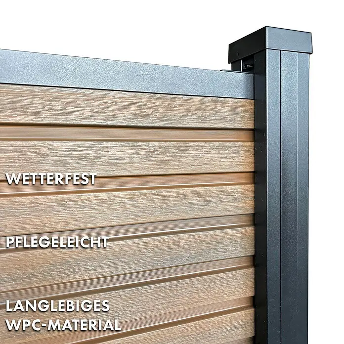 Floordirekt Sichtschutzelement Kronos - B x H: 180 x 180 cm, Verbundwerkstoff, Teak - Nahaufnahme eines langlebigen, wetterfesten, pflegeleichten braunen WPC-Sichtschutzes mit Holzoptik-Paneelen und schwarzem Metallrahmen.
