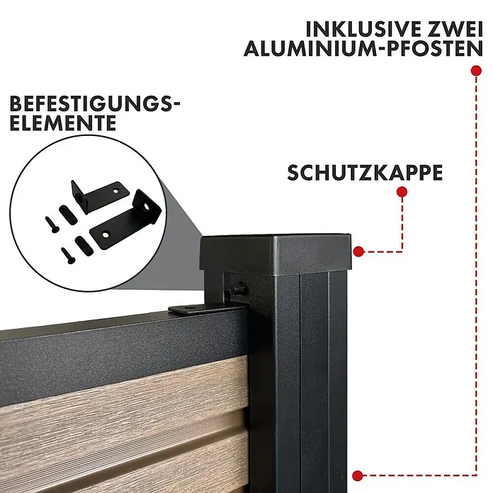 Floordirekt Sichtschutzelement Kronos - B x H: 180 x 180 cm, Verbundwerkstoff, Teak - Detail eines schwarzen Aluminiumzaunpfostens mit Kappe und Befestigungselementen (Winkel, Schrauben). Mit Holzoptik-Paneelen.