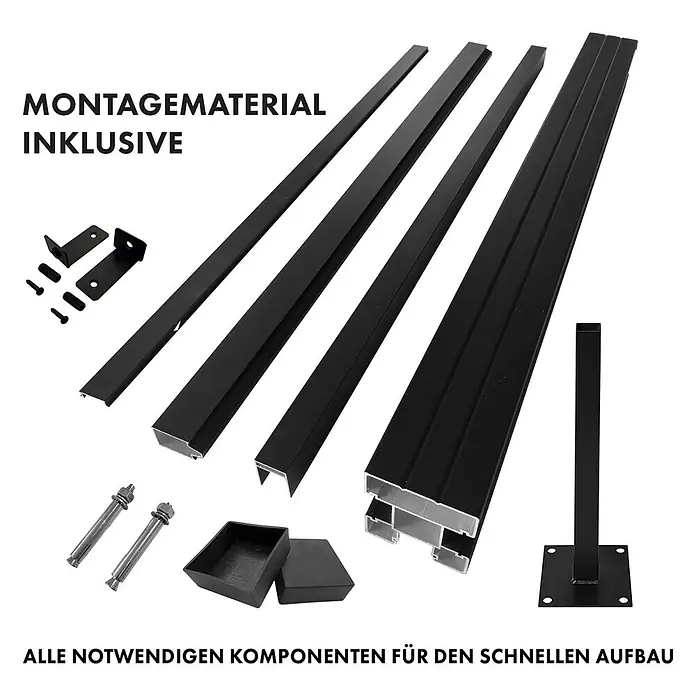 Floordirekt Sichtschutzelement Kronos - B x H: 180 x 180 cm, Verbundwerkstoff, Teak - Schwarze Metallprofile, Halterungen, Schrauben, Ankerbolzen, Abdeckkappen und ein Stützpfosten für ein Montagesystem.