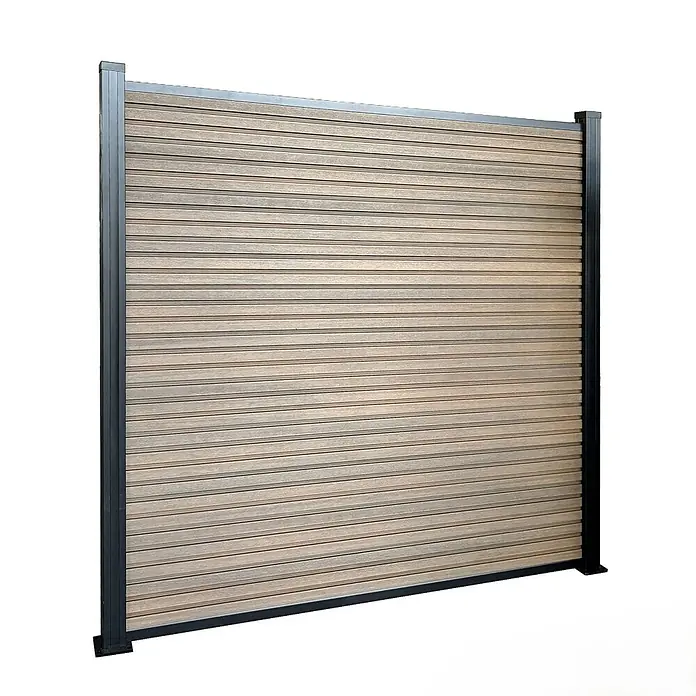 Floordirekt Sichtschutzelement Kronos - B x H: 180 x 180 cm, Verbundwerkstoff, Teak - Sichtschutzwand mit horizontalen Lamellen in Holzoptik und schwarzem Metallrahmen.