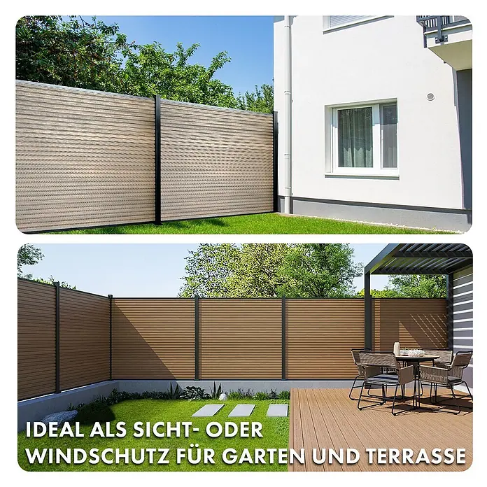Floordirekt Sichtschutzelement Kronos - B x H: 180 x 180 cm, Verbundwerkstoff, Teak - Zwei Sichtschutzzäune: ein helles Lamellenfeld im Garten, ein dunkelbraunes auf der Terrasse. Ideal als Sicht- und Windschutz.