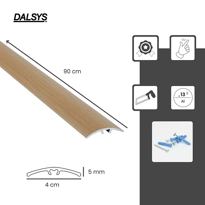 Dalsys Abschlussleiste 90cm Übergangsprofil 40mm Buche -  - 90 cm langes helles Holz-Aluminium-Bodenübergangsprofil, 4 cm breit, 5 mm hoch, inklusive Schrauben und Dübel.