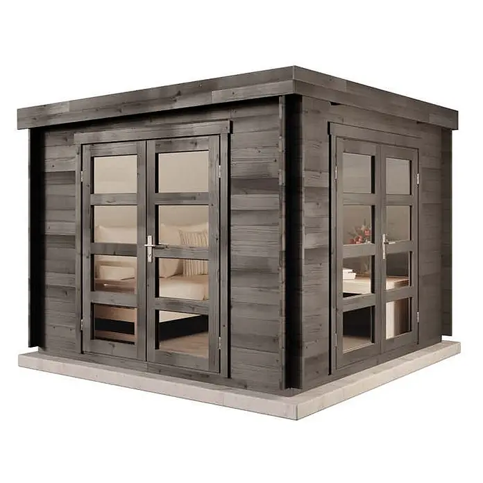 Alpholz Gartenhaus Paloma Beach - Außenmaß inkl. Dachüberstand (B x T): 298 x 298 cm, Holz, Anthrazitgrau - Modernes dunkelgraues Gartenhaus aus Holz mit Flachdach und Glas-Doppeltüren auf hellem Sockel.