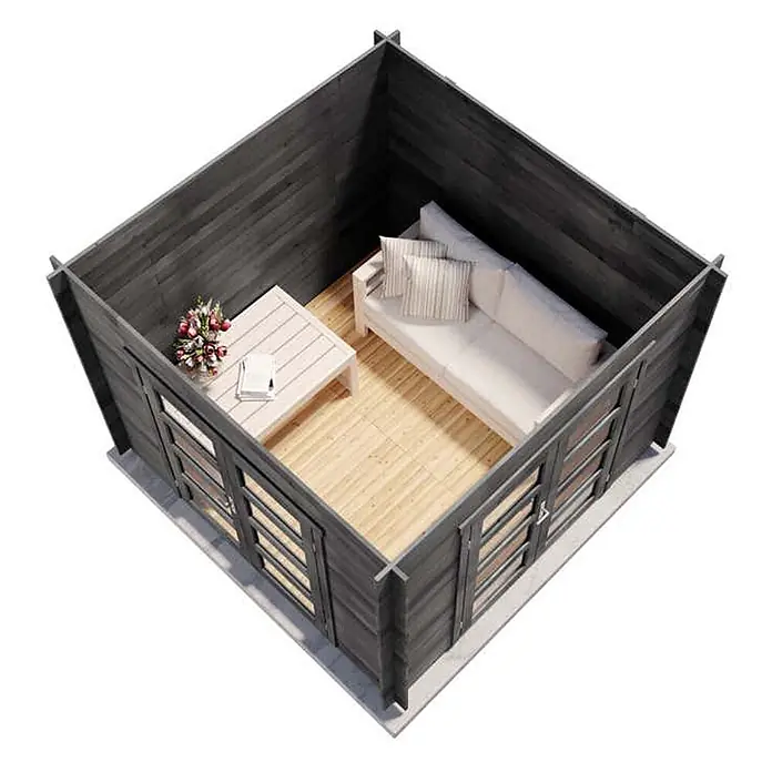 Alpholz Gartenhaus Paloma Beach - Außenmaß inkl. Dachüberstand (B x T): 298 x 298 cm, Holz, Anthrazitgrau - Innenansicht einer dunkelgrauen Gartenhütte mit hellem Holzboden, möbliert mit weißem Sofa und Couchtisch.