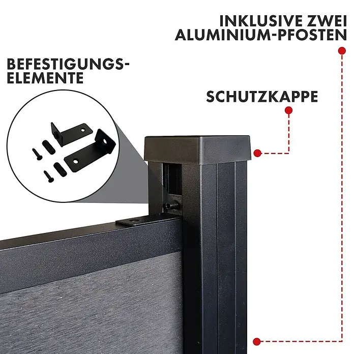Floordirekt Sichtschutzelement Kronos - B x H: 180 x 180 cm, Verbundwerkstoff, Schwarz - Detailansicht eines schwarzen Aluminium-Zaunpfostens mit Kappe, Querriegel und grauer WPC-Platte. Einschub zeigt schwarze Montagewinkel und Schrauben.